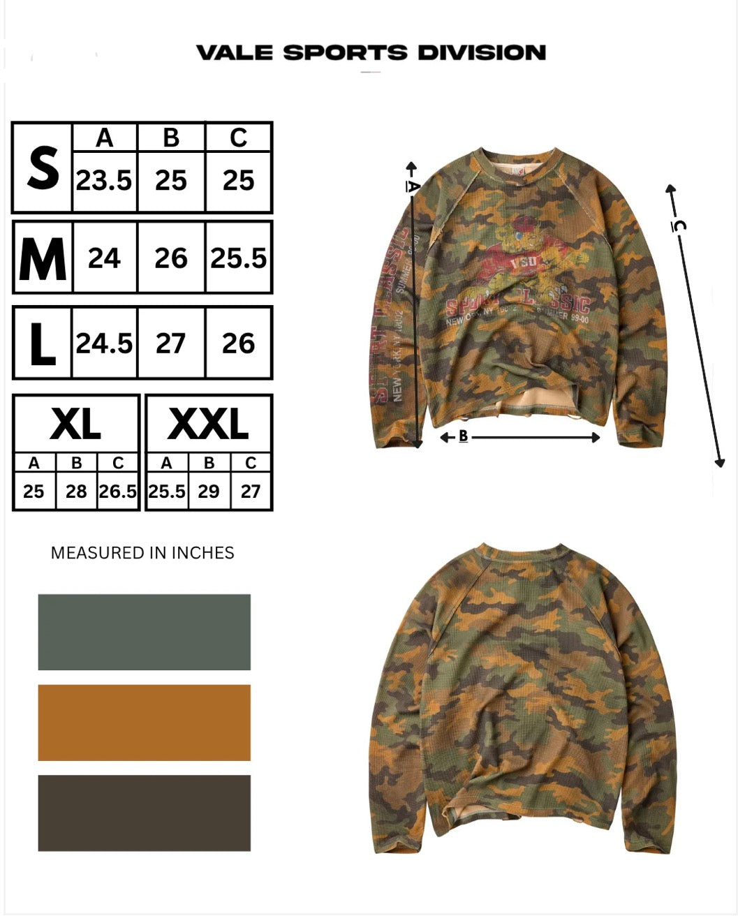Vale Forever Boy Scout Thermal, Camo, size chart