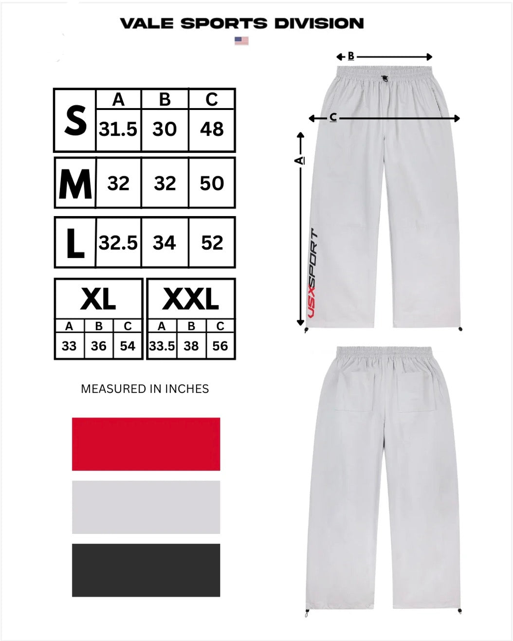 Vale Forever VSX Nylon Sweats, Nardo Grey, size chart