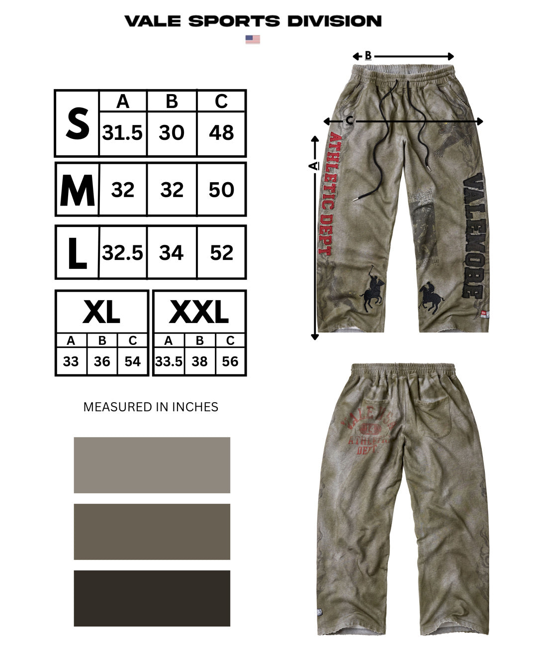 Vale Forever Castle Sweats, Dirty Algae, size chart with measurements in inches for sizes S to XXL