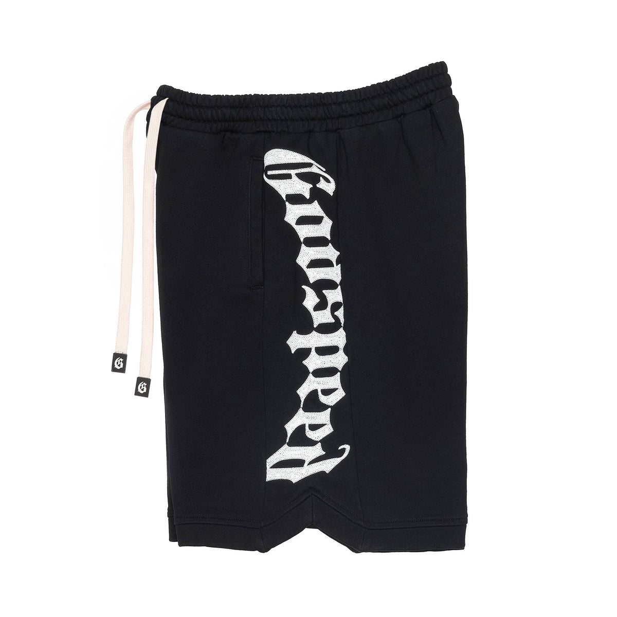 Godspeed Courtside Shorts, Black, side view showing embroidered logo