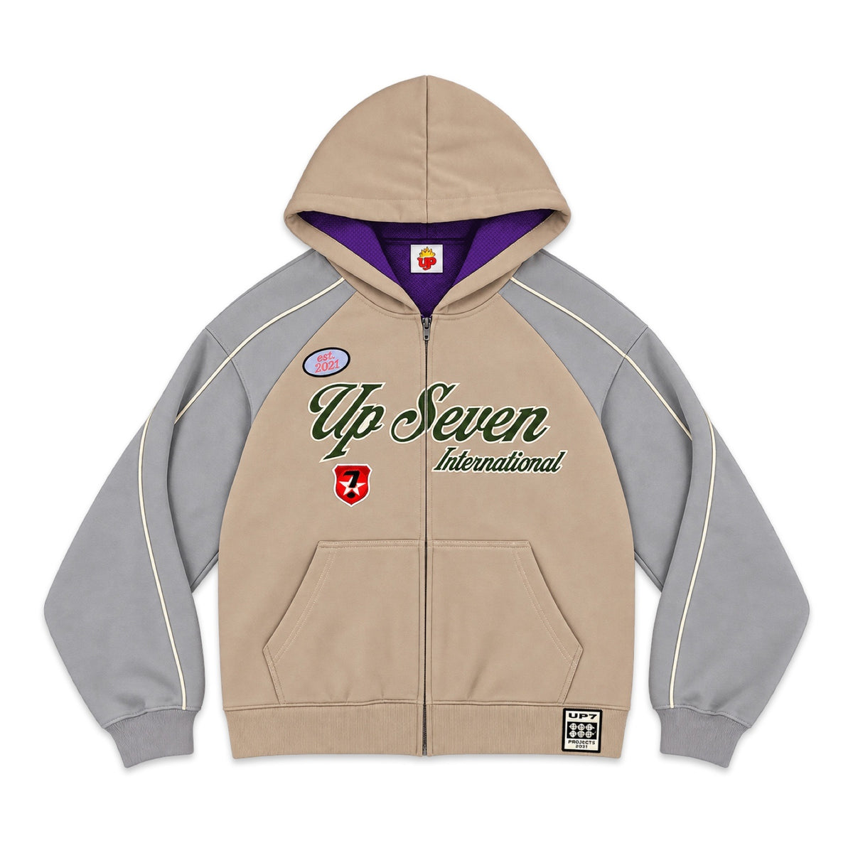Up7Skate Purple Gut Hoodie, tan zip-up with grey sleeves, purple thermal-style hood lining and Up Seven International embroidery, front view