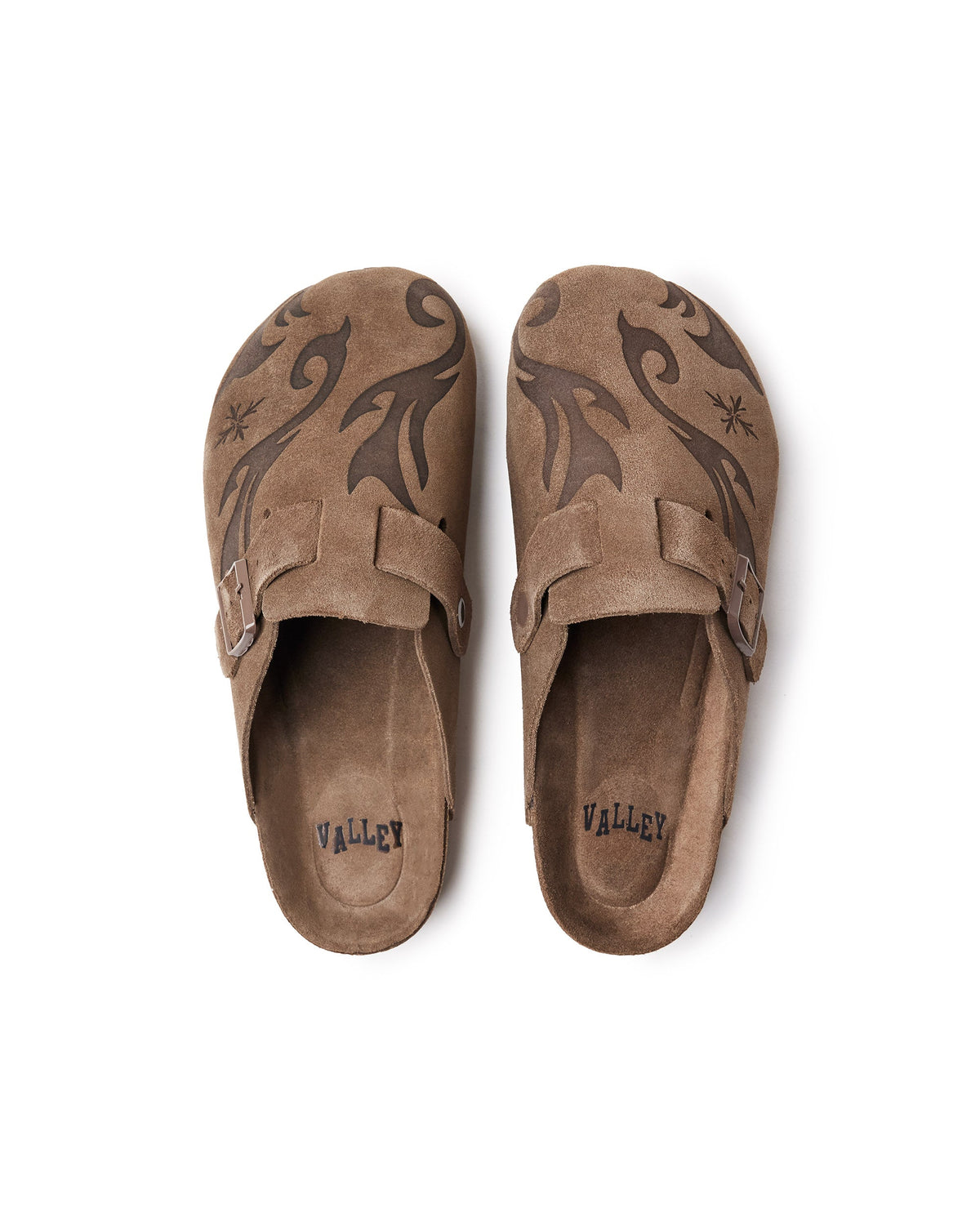 Vale Forever Chocolate Clogs, front view of flame-embossed suede mules