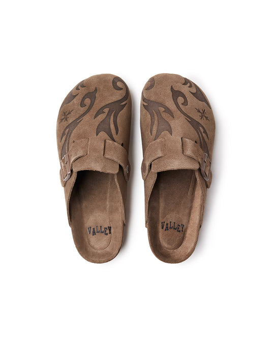 Vale Forever Chocolate Clogs, front view of flame-embossed suede mules