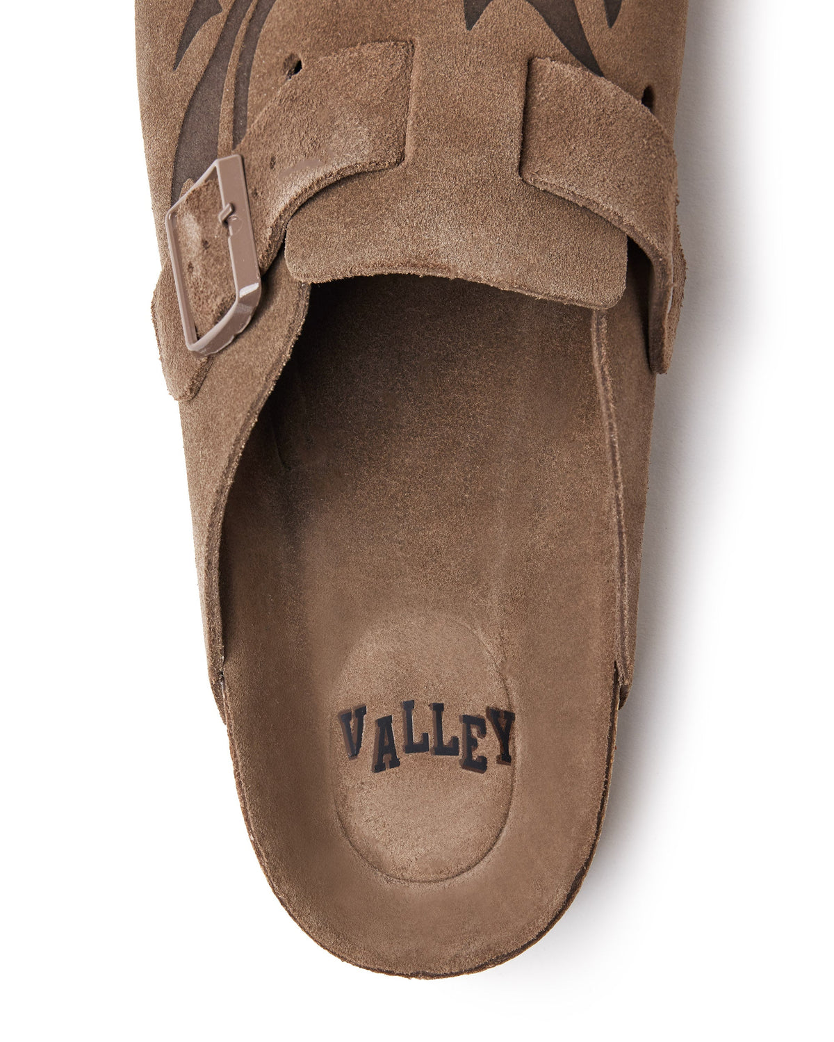 Vale Forever Chocolate Clogs, detail view of flame embossing