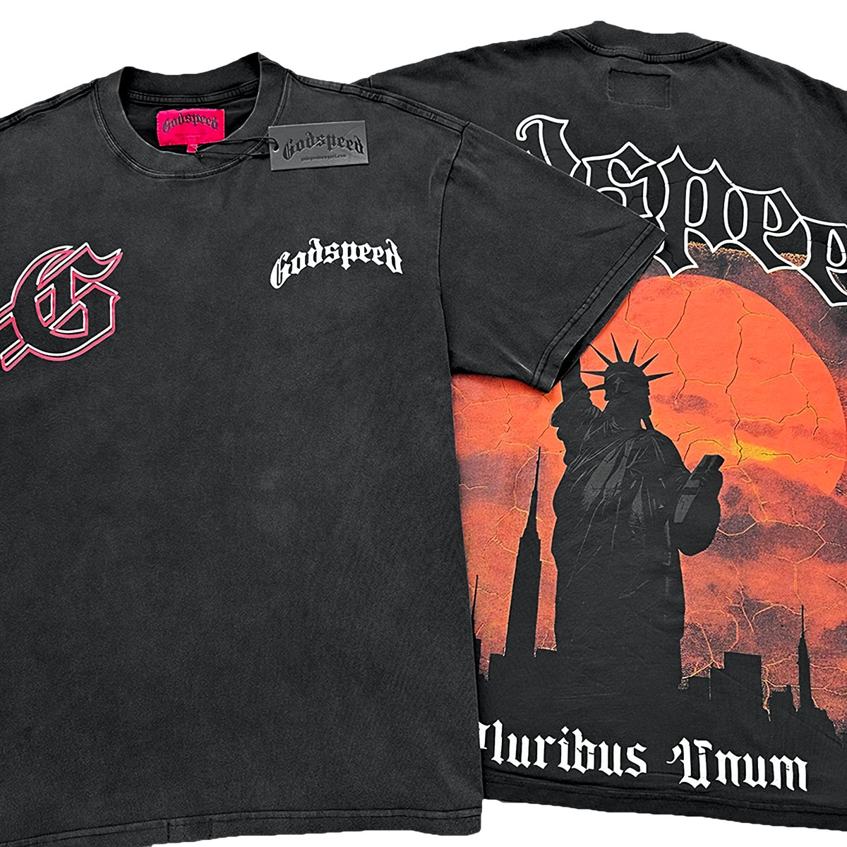 Godspeed Statue of Liberty at Sunset Tee, Wash Black, detail view