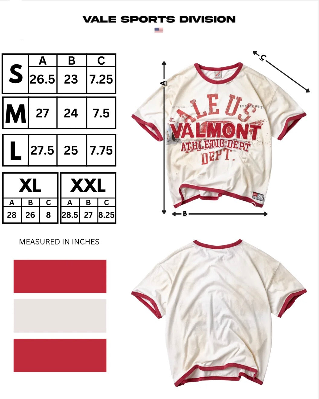Vale Forever Valmont Ringer Tee, White/Red, size chart