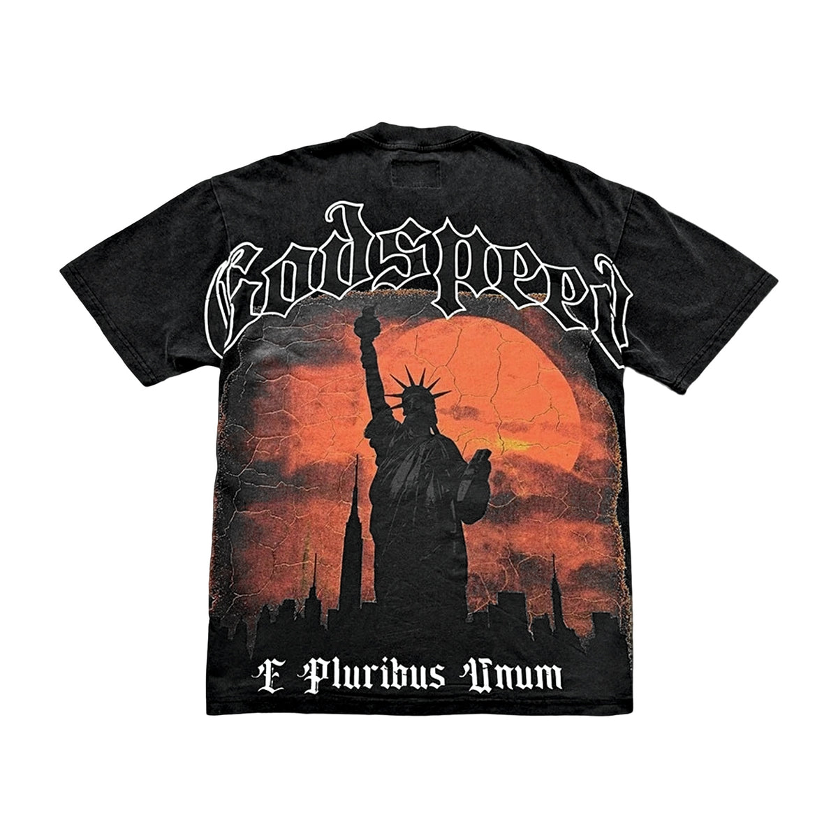 Godspeed Statue of Liberty at Sunset Tee, Wash Black, front view