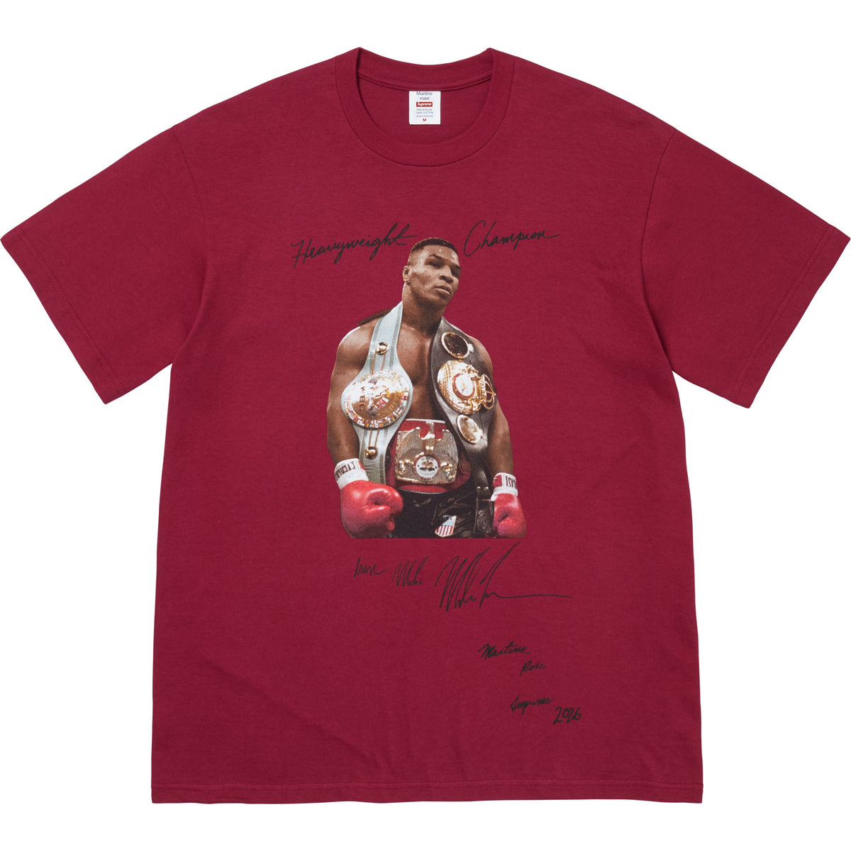 Supreme Martine Rose Champion Tee, Cardinal, front view with heavyweight champion boxing graphic