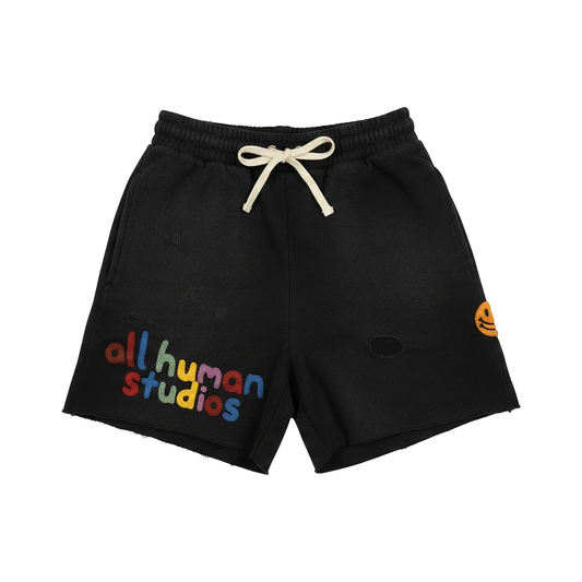 All Human Studios Victory Lap shorts, black wash, front view