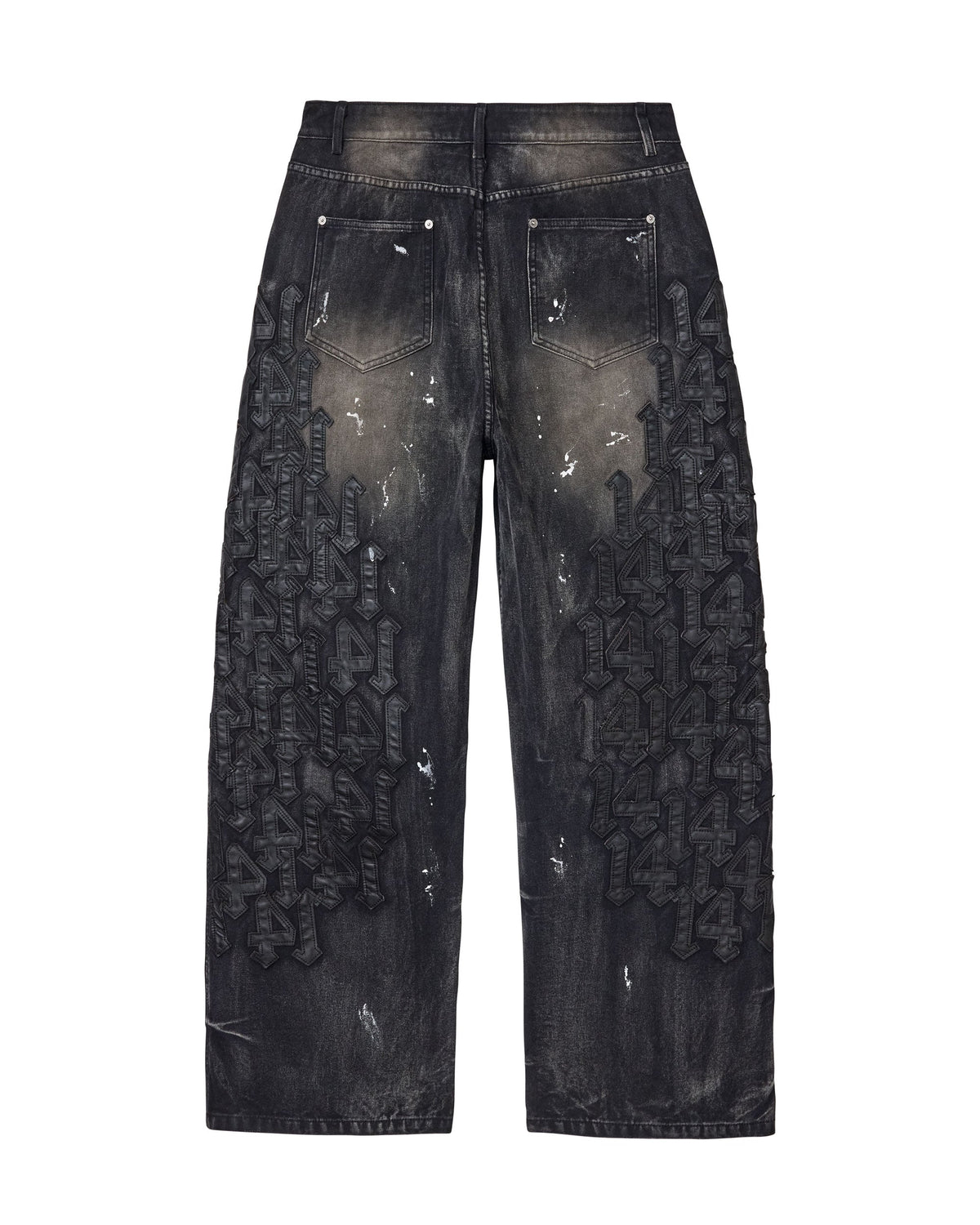 Vale Forever Black Cat Denim, Painted Black, back view with leather 14 appliqué down both legs