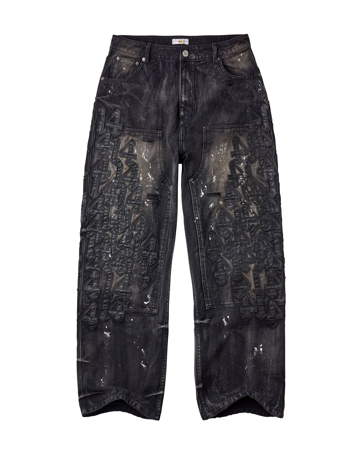 Vale Forever Black Cat Denim, Painted Black, front view with leather 14 appliqué and double-knee panels