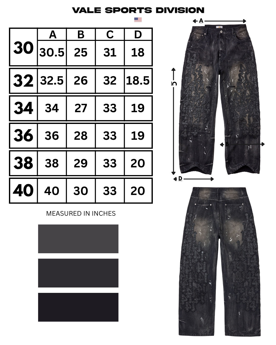 Vale Forever Black Cat Denim, Painted Black, size chart with measurements in inches for waist sizes 30 to 40
