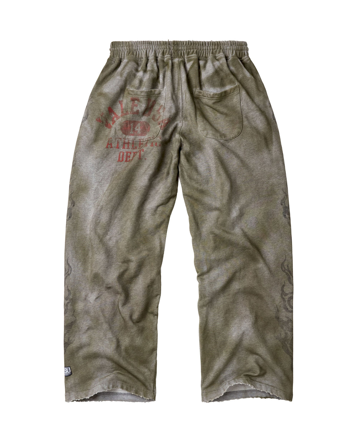 Vale Forever Castle Sweats, Dirty Algae, back view with red varsity 14 print and patch pockets