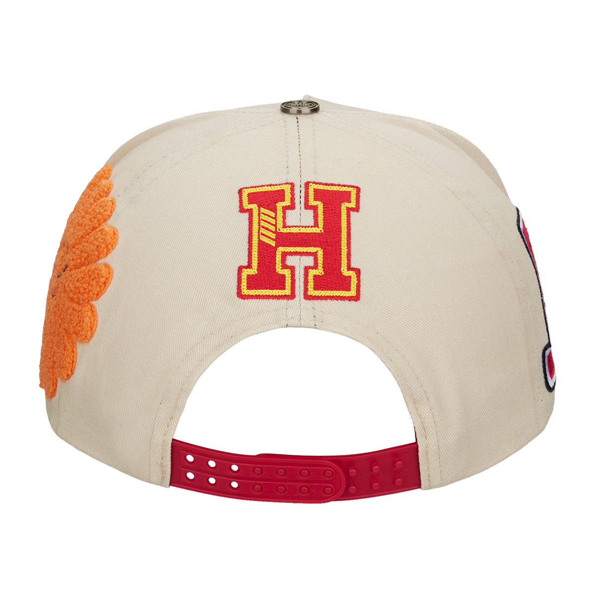 EBT trucker hat, Cream/Red, back view with red varsity H patch, orange smiley flower and red adjustable strap