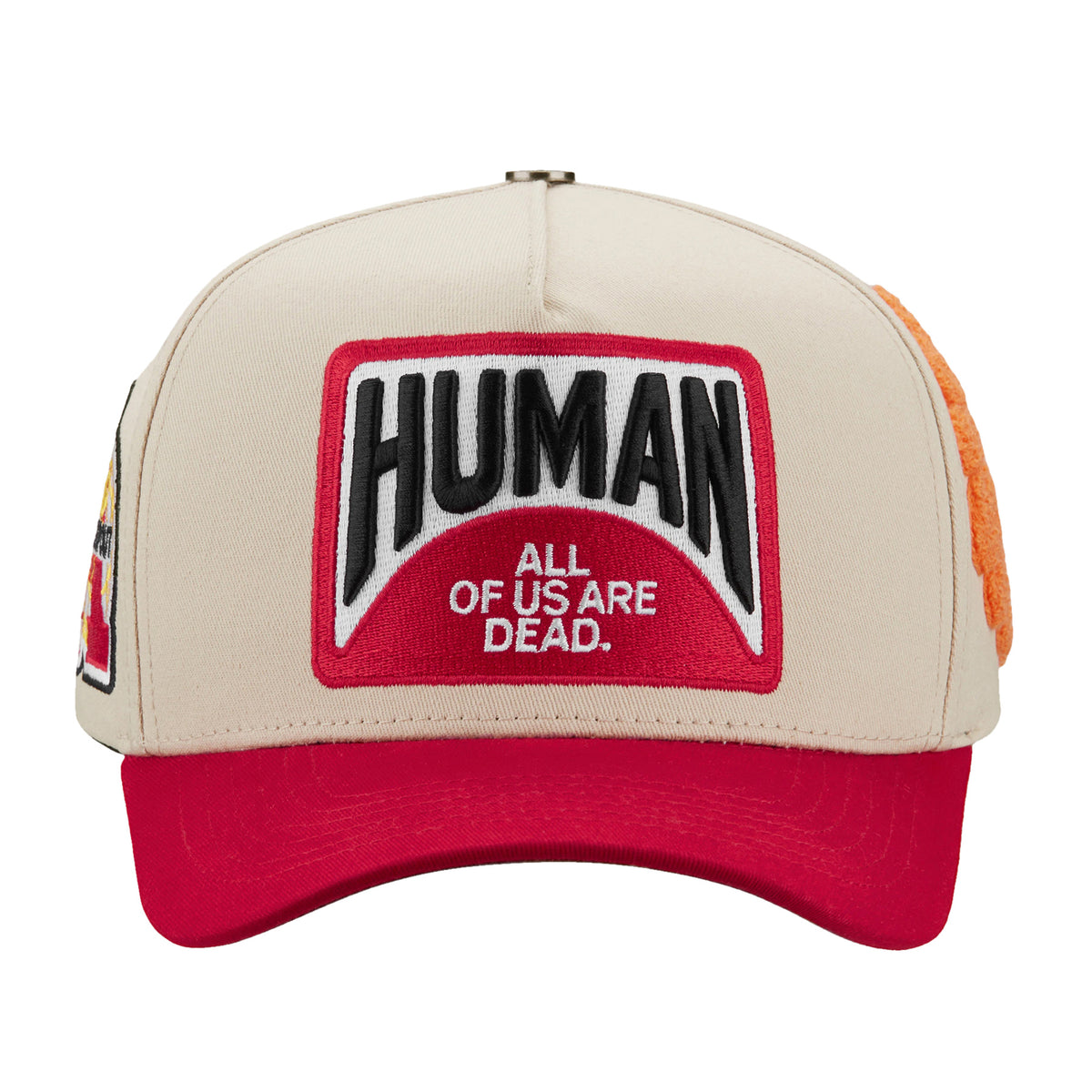 EBT trucker hat, Cream/Red, front view with red HUMAN "All of us are dead." patch and red brim
