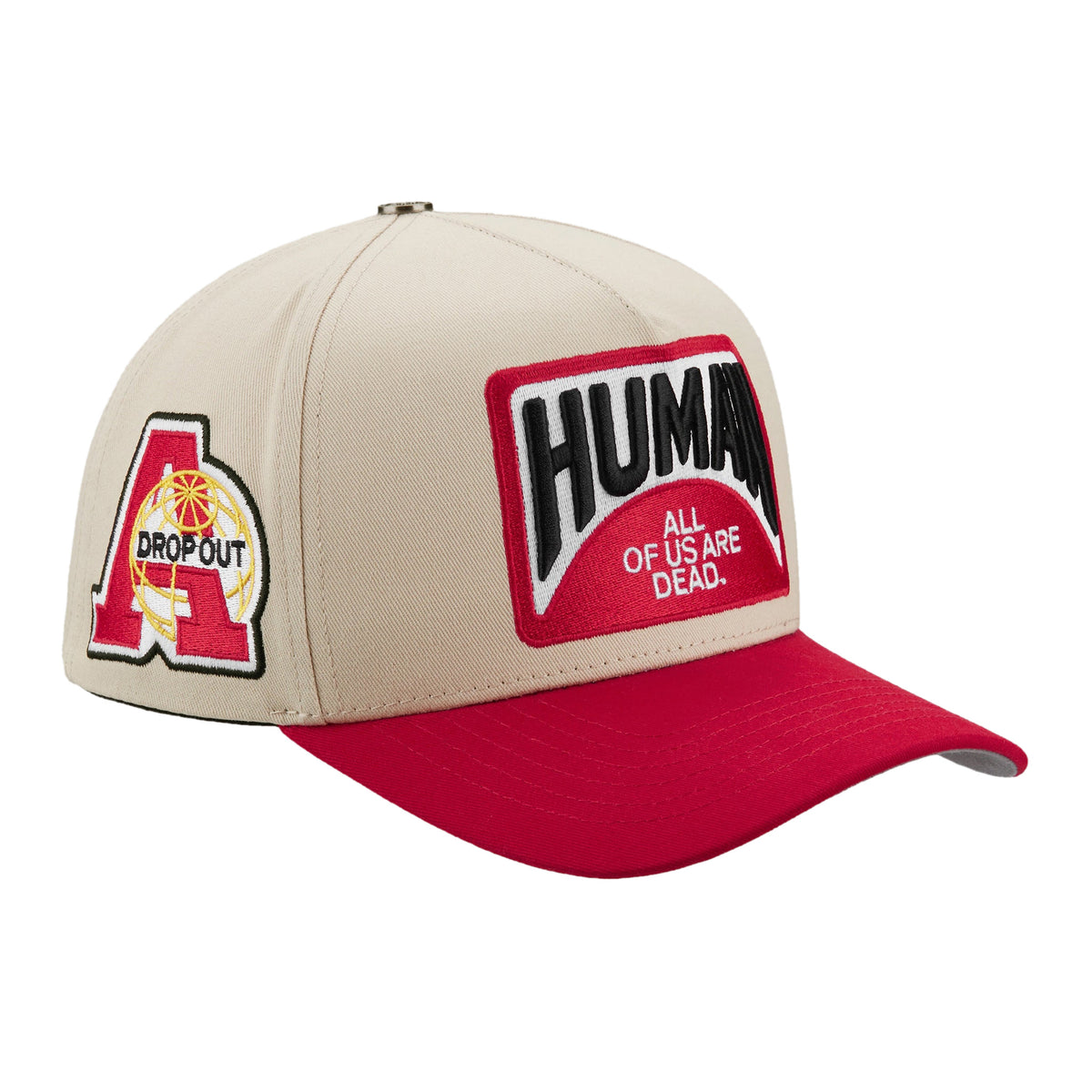 EBT trucker hat, Cream/Red, angled side view showing the red A Dropout side patch