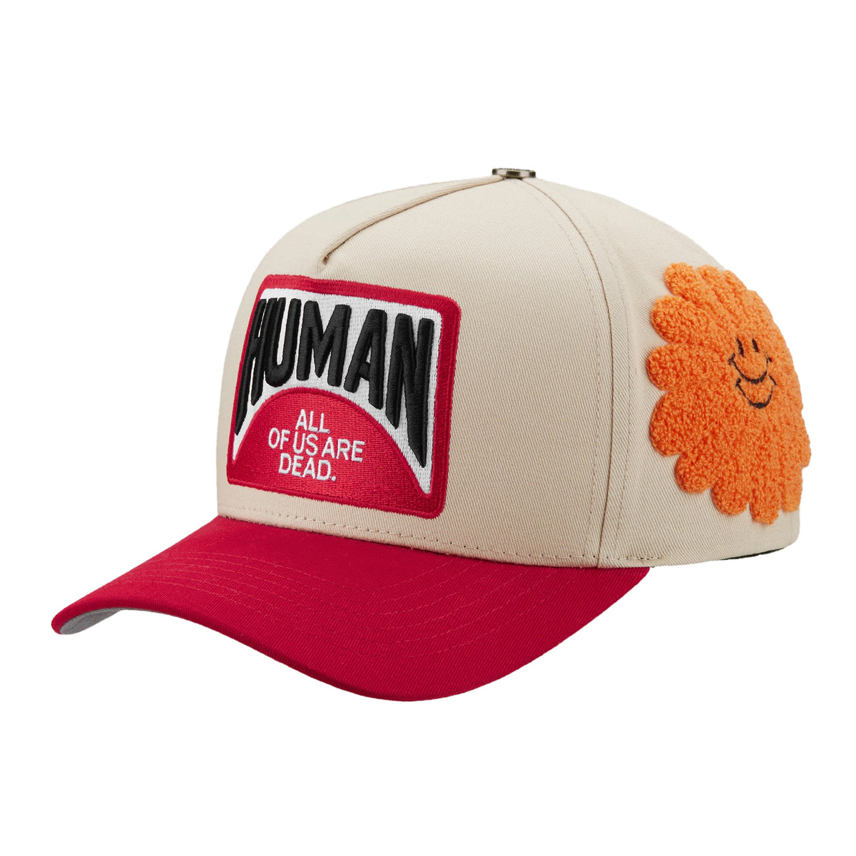 EBT trucker hat, Cream/Red, angled side view showing the orange chenille smiley flower