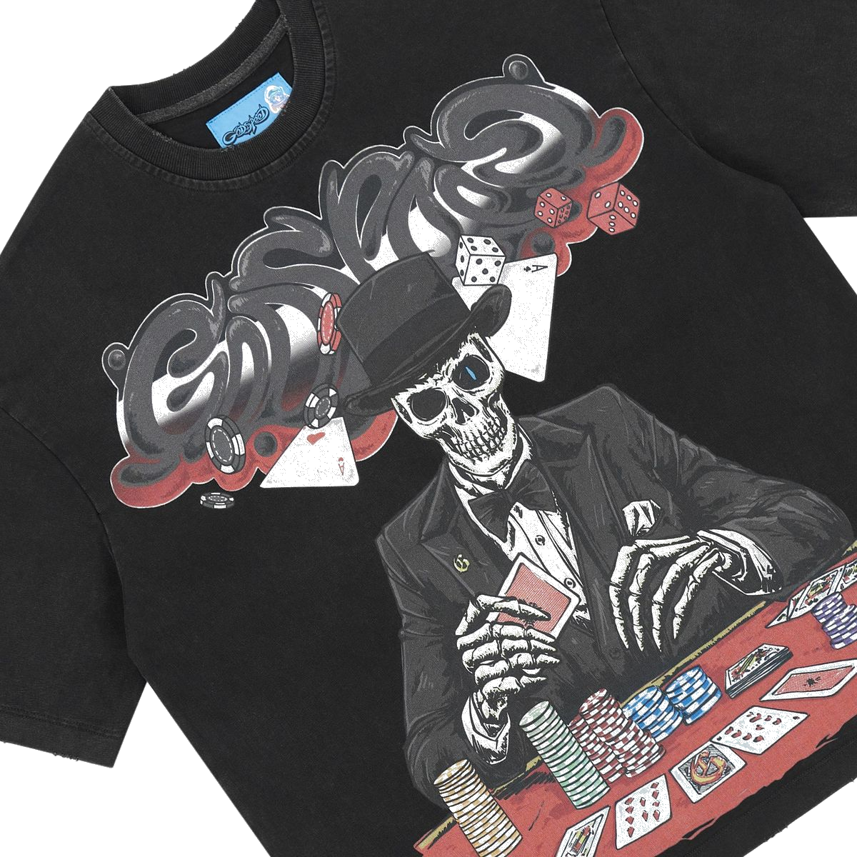 Godspeed High Stakes Tee Black, close-up graphic detail