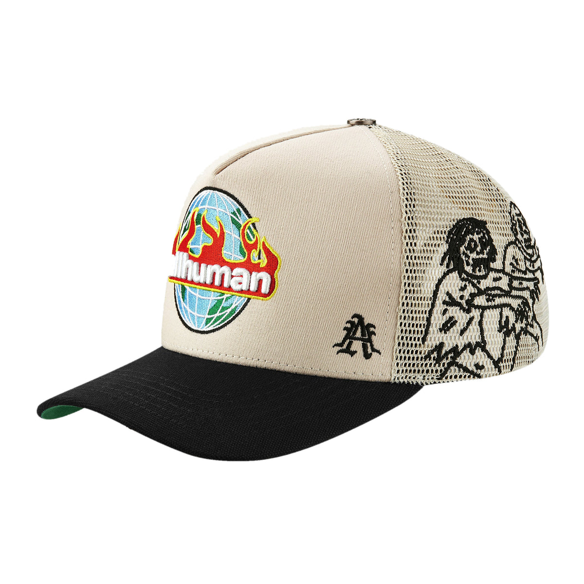 MANSON V2 trucker hat, Cream/Black, angled view showing the black skeleton artwork on the mesh side