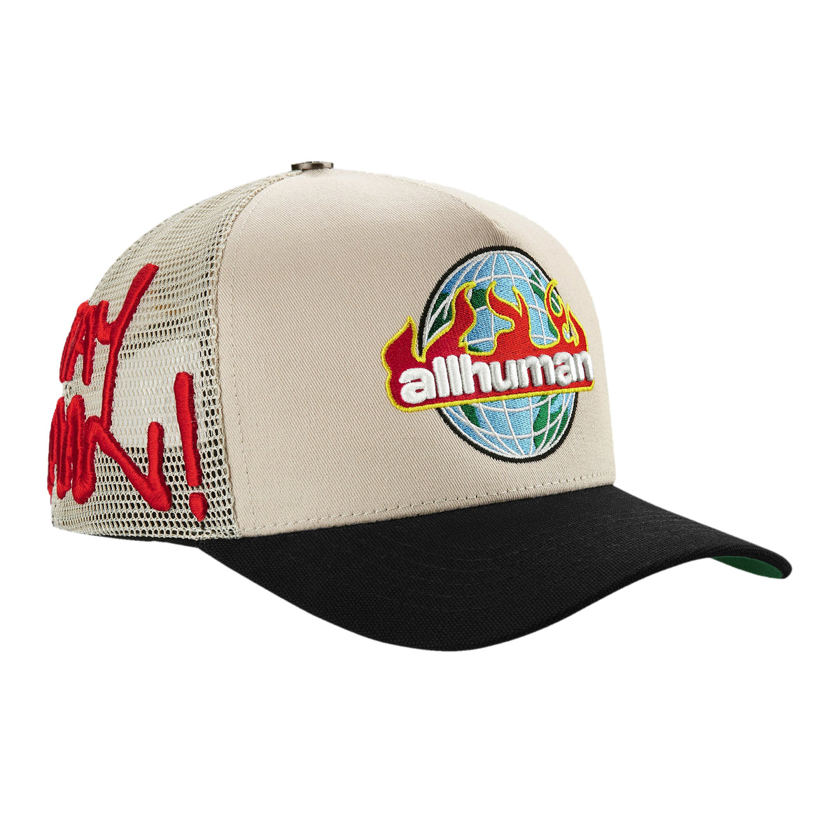 MANSON V2 trucker hat, Cream/Black, angled view showing the red Stay Human embroidery on the mesh side