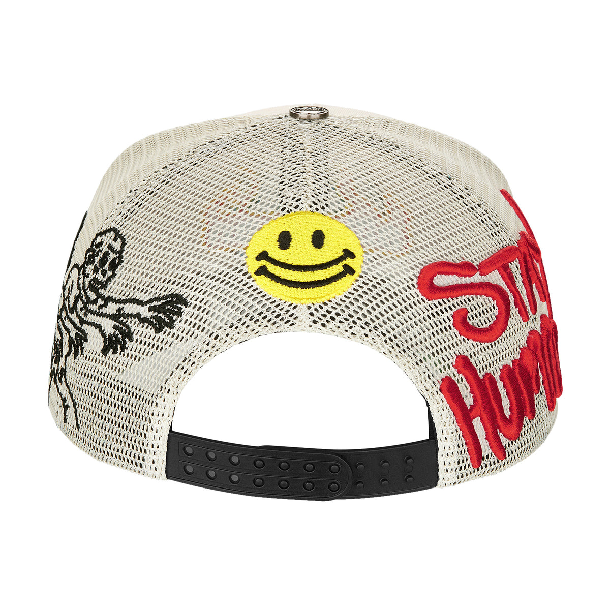 MANSON V2 trucker hat, Cream/Black, back view with yellow smiley, red Stay Human embroidery, skeleton artwork and black adjustable strap