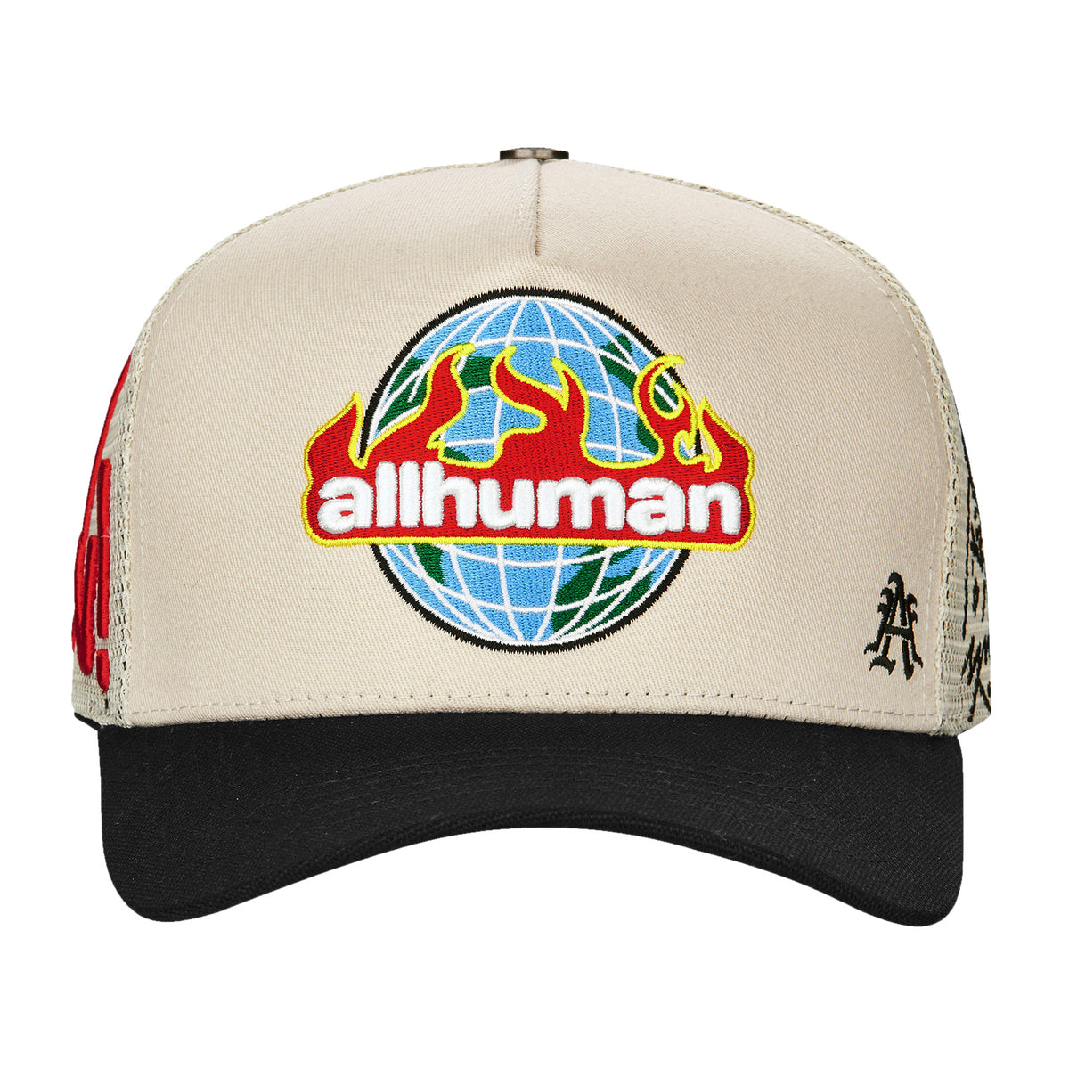 MANSON V2 trucker hat, Cream/Black, front view with allhuman flaming globe patch and black brim
