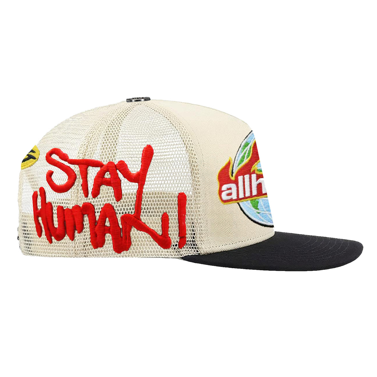MANSON V2 trucker hat, Cream/Black, side view with red Stay Human embroidery