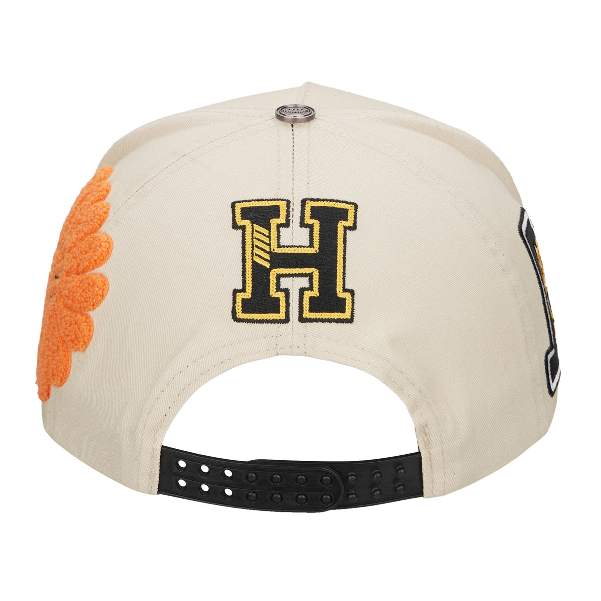 MYERS trucker hat, Cream/Black, back view with black and gold varsity H patch, orange smiley flower and black adjustable strap