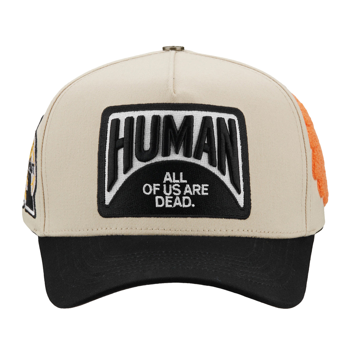 MYERS trucker hat, Cream/Black, front view with black HUMAN "All of us are dead." patch and black brim