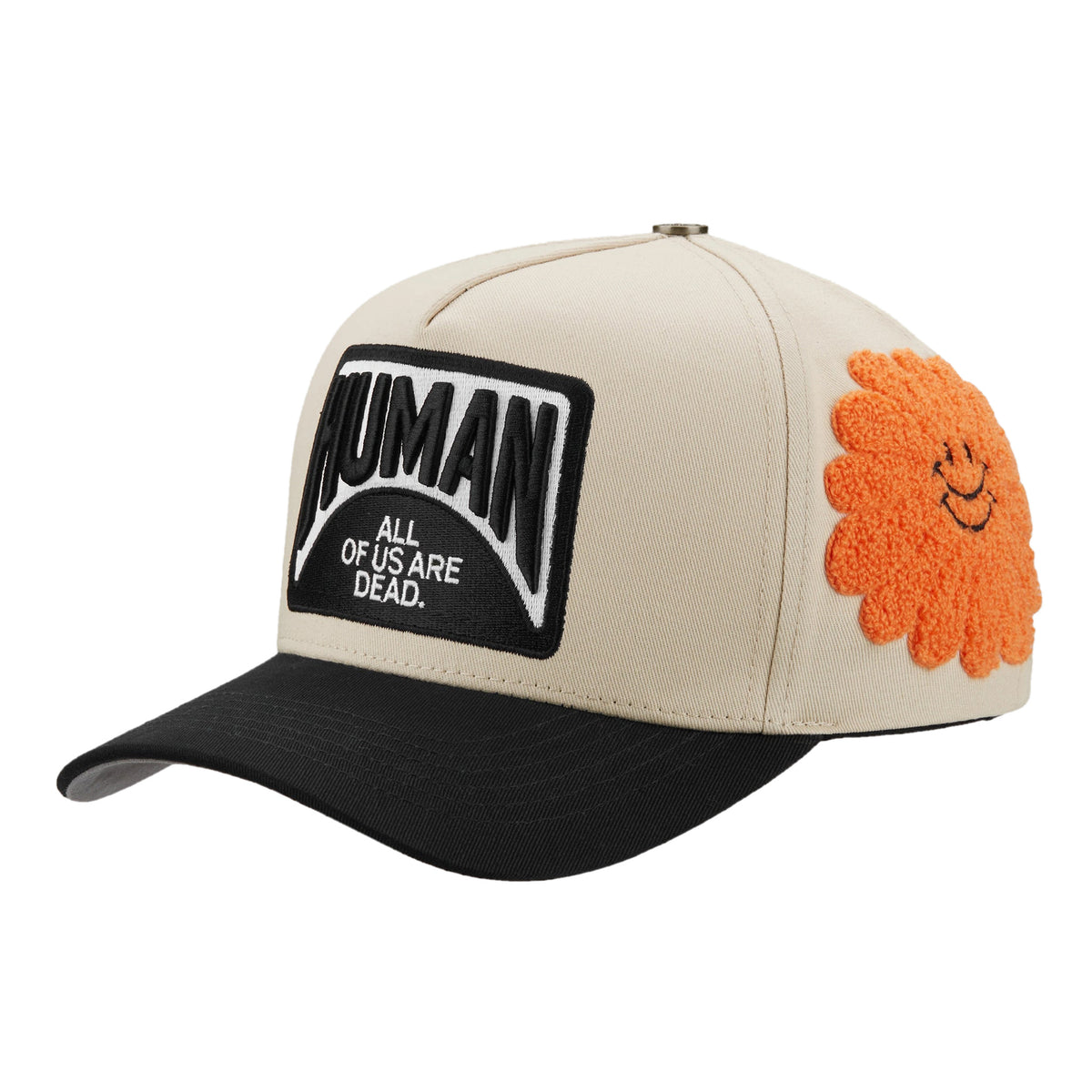 MYERS trucker hat, Cream/Black, angled side view showing the orange chenille smiley flower