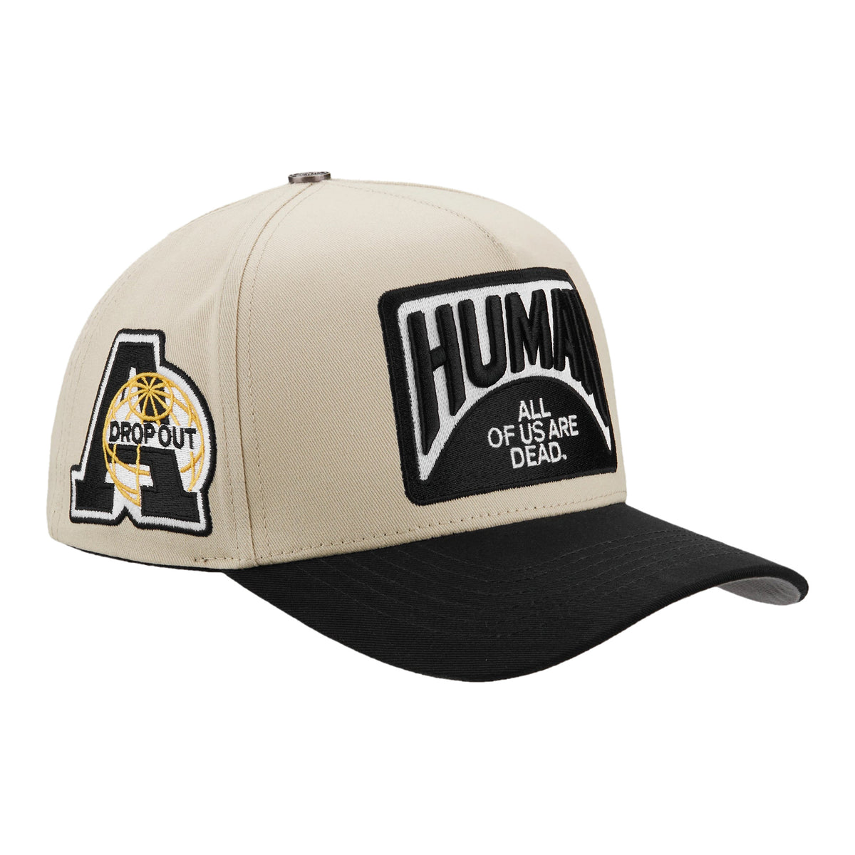 MYERS trucker hat, Cream/Black, angled side view showing the black A Dropout side patch