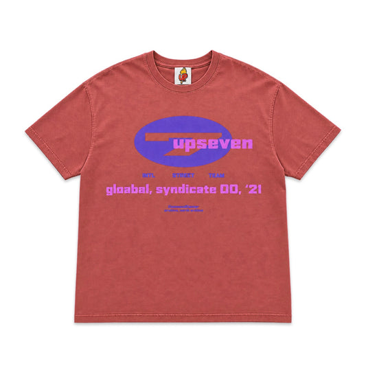 Up7Skate Charlotte Mobility Tee, washed red with purple oval upseven graphic, front view