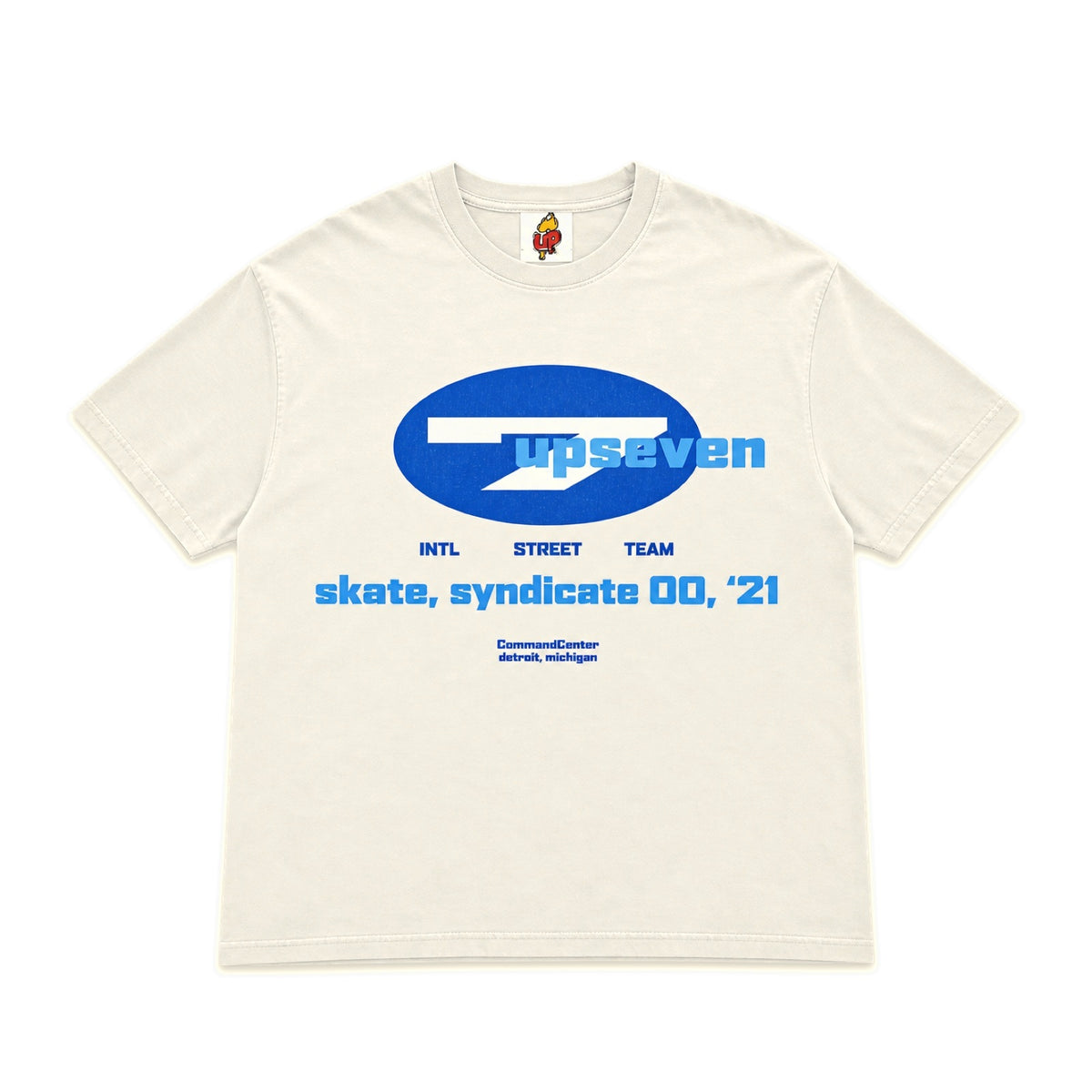 Up7Skate Detroit Mobility Tee, pale cream with blue oval upseven graphic, front view