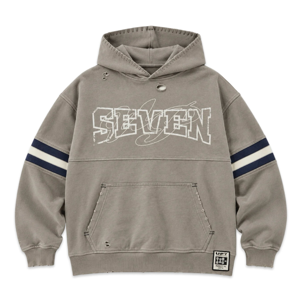 Up7Skate Grey Scrimmage Hoodie, washed grey with navy and cream sleeve stripes and SEVEN chest graphic, front view