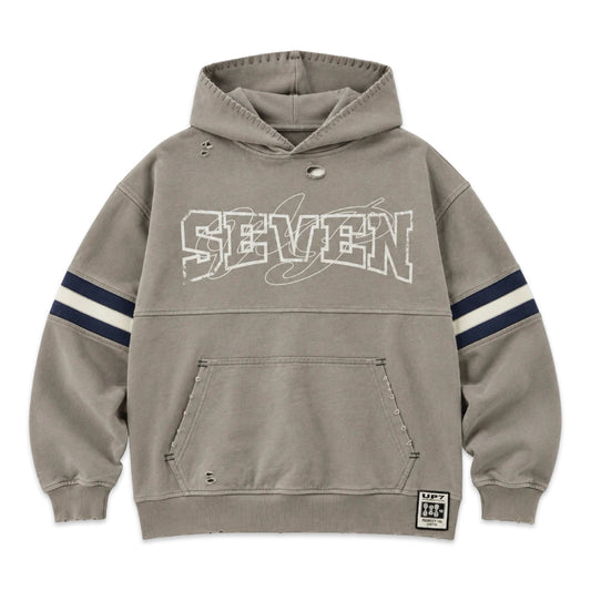 Up7Skate Grey Scrimmage Hoodie, washed grey with navy and cream sleeve stripes and SEVEN chest graphic, front view