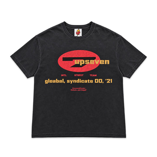 Up7Skate Portugal Mobility Tee, washed black with red oval upseven graphic, front view