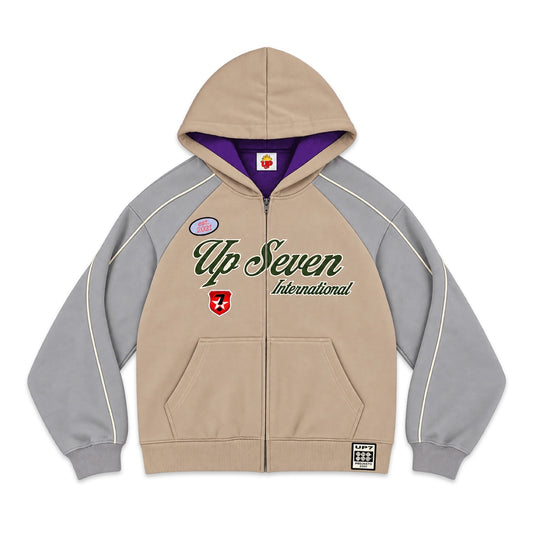 Up7Skate Purple Gut Hoodie, tan zip-up with grey sleeves, purple thermal-style hood lining and Up Seven International embroidery, front view