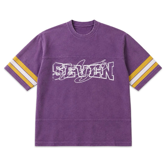 Up7Skate Scrimmage Tee, washed purple with yellow and white sleeve stripes, front view