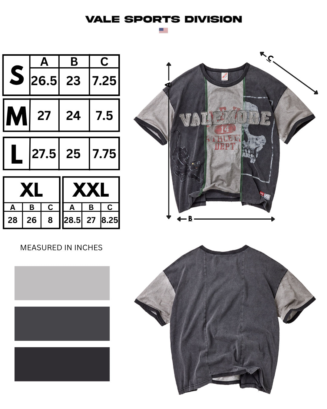 Vale Forever Zombie Tee, Black/Grey, size chart with measurements in inches for sizes S to XXL